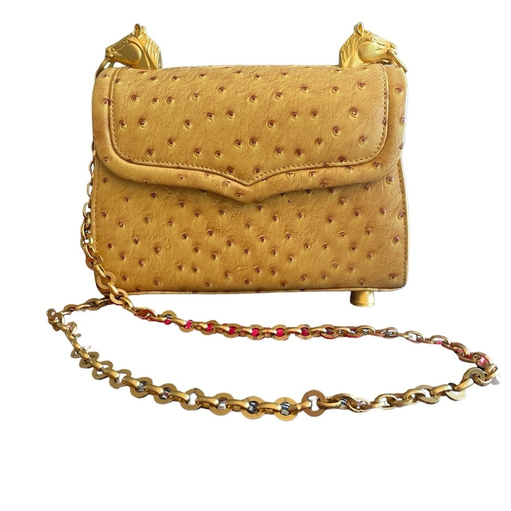 Ashneil Vintage Ostrich leather shoulder bag w/horse head & hoof gold hardware O